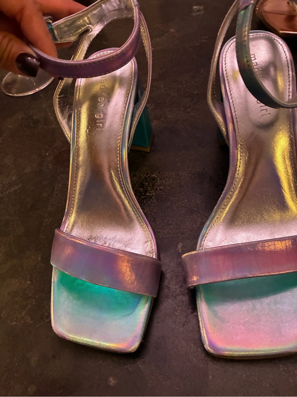 Madden Girl Iridescent Pink-Green Ankle Strap Block Heels